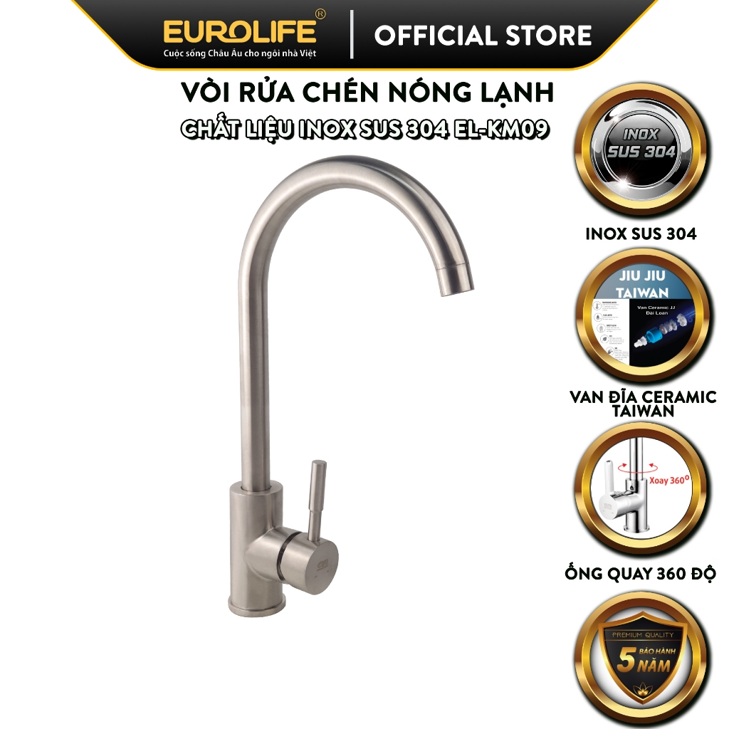 Vòi rửa chén nóng lạnh Inox SUS 304 nguyên khối Eurolife EL-KM09 (Trắng vàng)