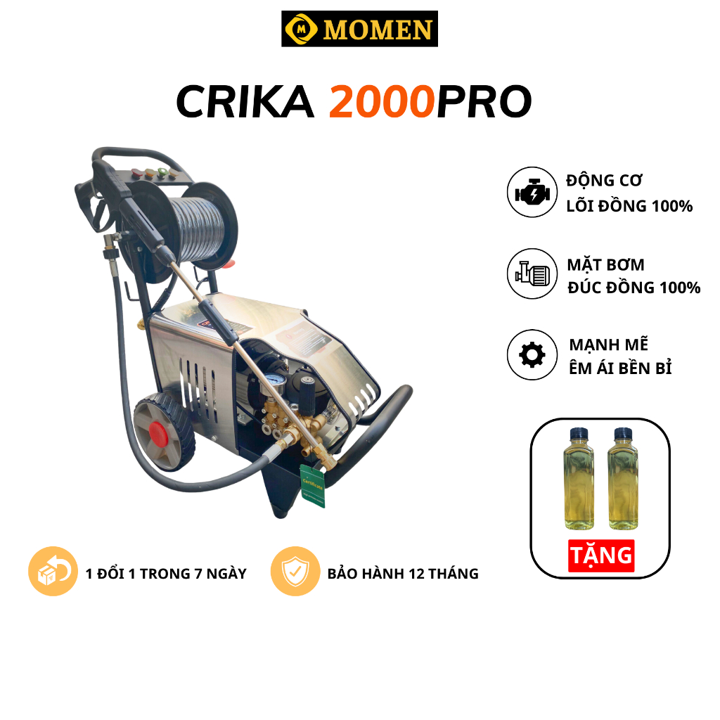 Máy rửa xe công nghiệp CRIKA2000PRO,Có rulo cuốn 15M dây,lõi đồng 100%, xịt rửa mạnh mẽ,bền bỉ