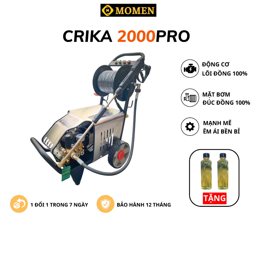 Máy rửa xe Crika 2000pro công suất 2kw,động cơ lõi Đồng,mặt bơm Đồng,dây dài 15M,xịt rửa xe máy ô tô
