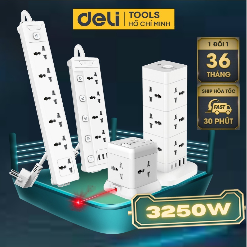 Ổ cắm điện 3250W Tích hợp Cổng USB typeC Đa Năng DELI, 2-6 lỗ cắm đầu 3, dây 2-5m tiện dụng, an toàn