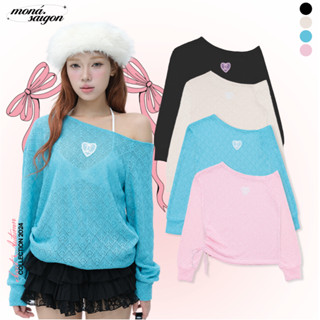 Áo kiểu nữ trễ vai tay dài chất len có dây rút form suôn đính ren MONÁ - DAMI