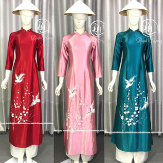 Áo dài thời trang Đinh Hương lụa Ruby cao cấp thêu chim hoa đào