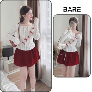 BARE_Set Áo Đính Nơ Chất Vải Len Lông & Chân Váy Đỏ Nhung 2 Tầng Có Quần Bảo Hộ Dịp Đi Noel, Lễ Tết_A432,CV102