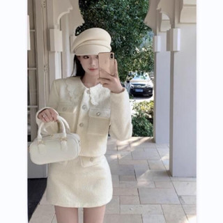 Set Bộ Dạ Lông Hai Món Áo Khoác Dáng Lửng Phối Chân Váy Dáng Ngắn Màu Trắng Kem Phong Cách Sang Chảnh_Hàng Order QCCC