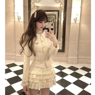 Set Dạ Tweed Hai Món Áo Khoác Dạ Ôm Eo Phối Chấn Váy Xoè Bồng Tiểu Thư Màu Trắng Kem Siêu Xinh_Hàng Order QCCC