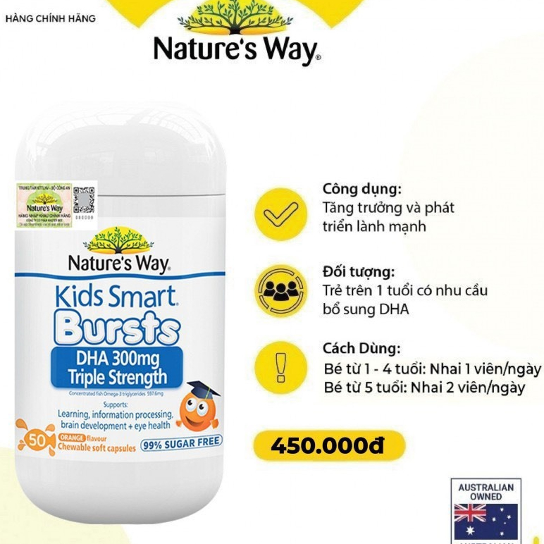 (có tem nhãn phụ ) Viên Nhai Nature's Way Kids Smart DHAViên nhai bổ sung #DHA hàm lượng cao cho bé 