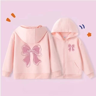 Áo khoác bé gái Hoodie Zip form rộng chất liệu vải nỉ cotton mềm mịn co giãn ép hình Nơ kẹp
