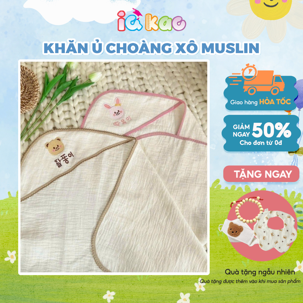 Khăn ủ choàng vải xô muslin IQKAO, chăn quấn thêu hình thỏ gấu đáng yêu cho bé,chất liệu mềm mại thấm hút an toàn cho bé