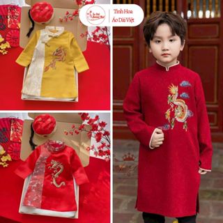 Áo dài Trung Thu cho bé trai, áo dài cách tân truyền thống màu Đỏ vàng thêu rồng, phối gấm,khuy tàu-Mai Áo Dài