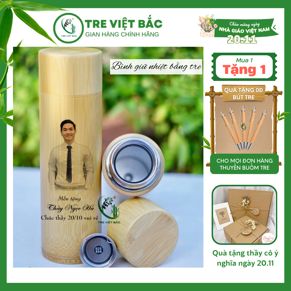 [IN HÌNH THEO YÊU CẦU] Bình Giữ Nhiệt Bằng Tre Nguyên Khối Lõi Inox 304 Cao Cấp, Quà Tặng Thầy Cô Ý Nghĩa Ngày 20/11