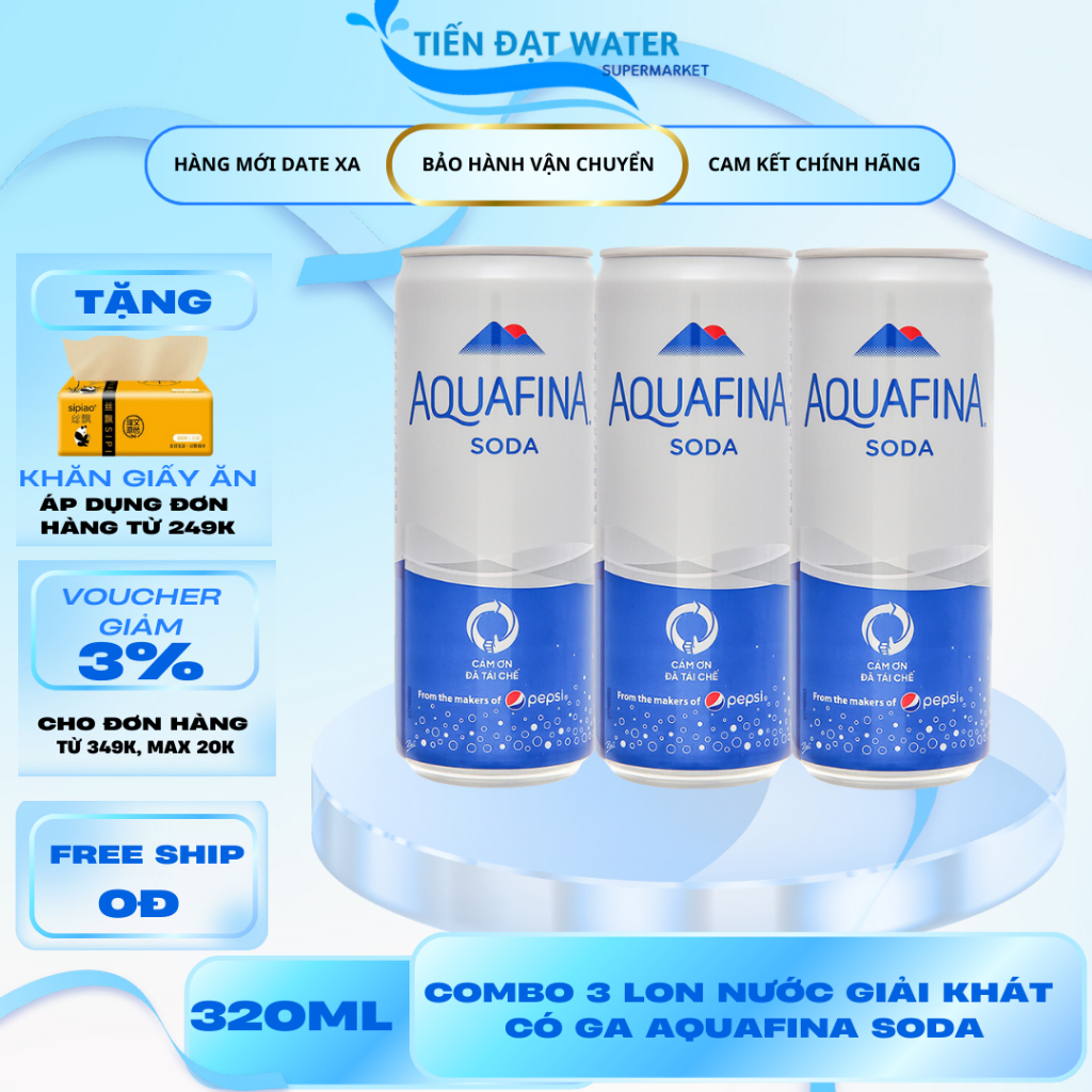 Combo 3 Lon Nước Giải khát Không Đường Có Ga Aquafina Soda - Nguyên Liệu Pha Chế Soda Lon Pet 320ml
