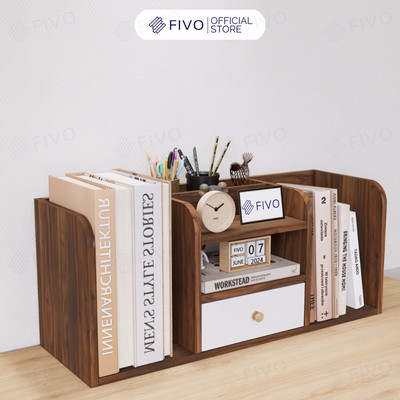 Kệ Sách Gỗ Đẹp Để Bàn FIVO FB26 Cao Cấp Màu Gỗ Và Walnut, Có Hộc, Tiết Kiệm Diện Tích, Bo Góc Thẩm Mĩ