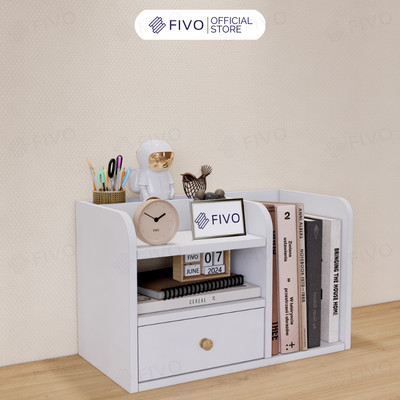 Kệ Sách Gỗ Mini Để Bàn FIVO FB26 Cao Cấp Màu Trắng Và Xám, Có Hộc, Tiết Kiệm Diện Tích, Bo Góc Thẩm Mĩ