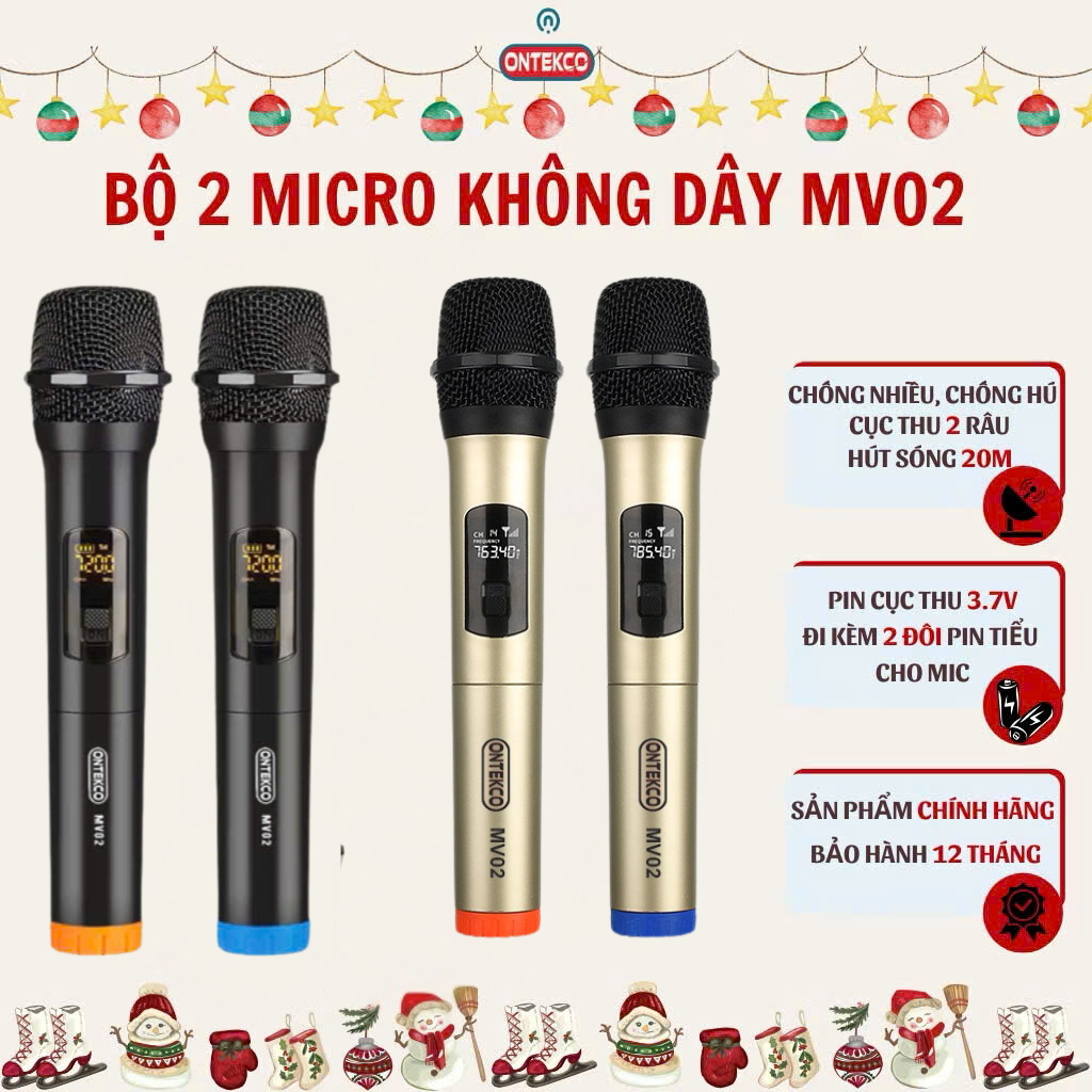 Bộ 02 Micro không dây karaoke chính hãng Ontekco MV02 không dây dùng cho các loại ampyy-loa kéo