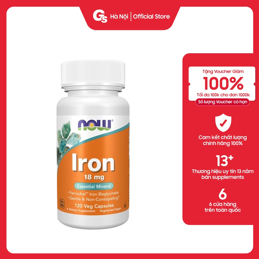 Viên uống Now IRON 18 mg (120 viên) - Bổ sung khoáng chất thiết yếu nhập khẩu Mỹ - Gymstore