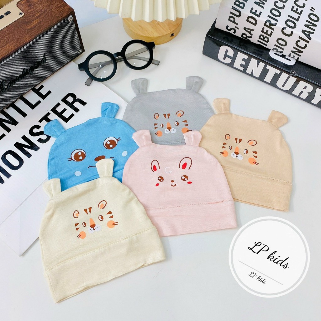 Mũ cho bé sơ sinh THUN LẠNH PETIT CÓ TAI mềm mịn co giãn tốt họa tiết đáng yêu