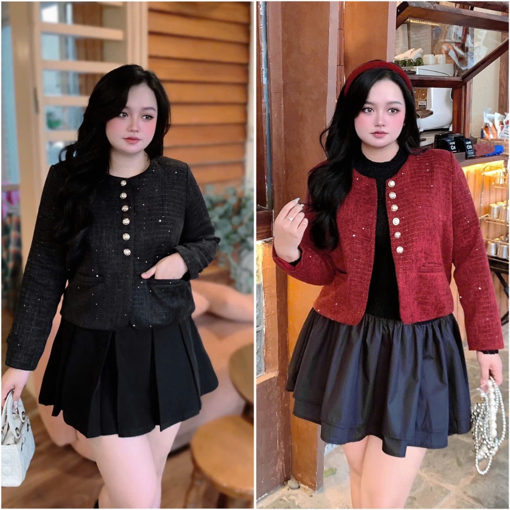 Áo Khoác Dạ Tweed Nhung Đính Kim Sa Cao Cấp Bigsize mã A103