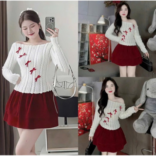  Mèo Mỡ Bigsize — Set bộ váy áo len lệch vai đính nơ kèm chân váy bí nhung xoè bigsize 60-95kg 