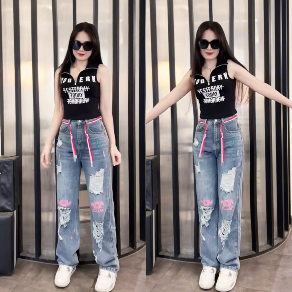 KÈM DÂY Quần Jean Ống Rộng Hot Trend Lưng Cao, Quần Bò Ống Rộng Giá Rẻ 988 Hình Thật Video Thật