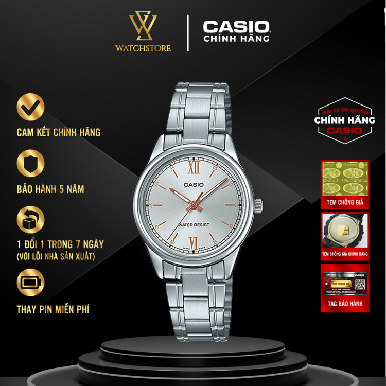 Đồng Hồ Casio Nữ LTP-V005D-7B2UDF Màu Trắng Kim  Vàng Dạ Quang Mặt Kính Khoáng 28.2mm Dây Kim Loại K