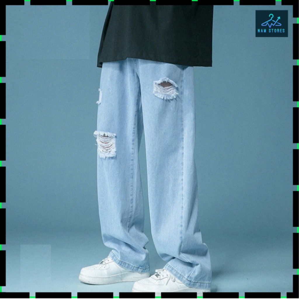 Quần Jean Baggy Nam Ống Suông Rộng Rách Màu Xanh Phong Cách Chất Bò Dày Dặn NAM STORES