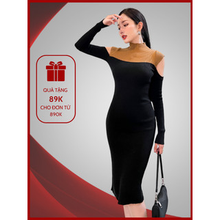 Váy ôm tay dài dệt kim IZZIE V358 cut out vai, dệt kim mềm mịn, dày dặn hạn chế lộ viền tốt