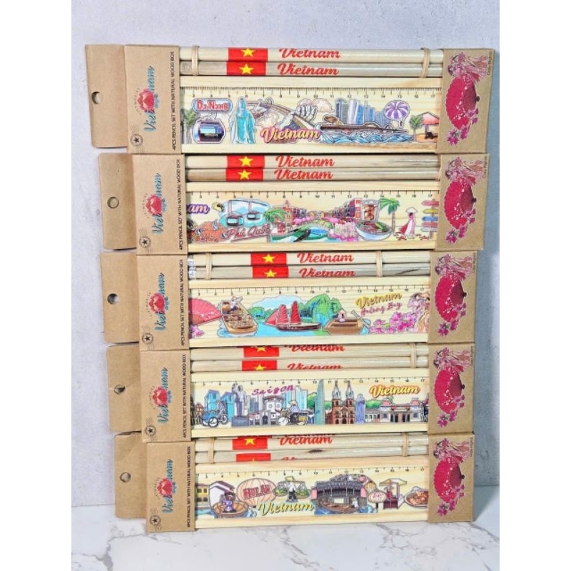 SÉT HỘP BÚT CHÌ THƯỚC KẺ BẰNG GỖ HÌNH ẢNH PHONG CẢNH VIỆT NAM - QUÀ TẶNG LƯU NIỆM VIỆT NAM