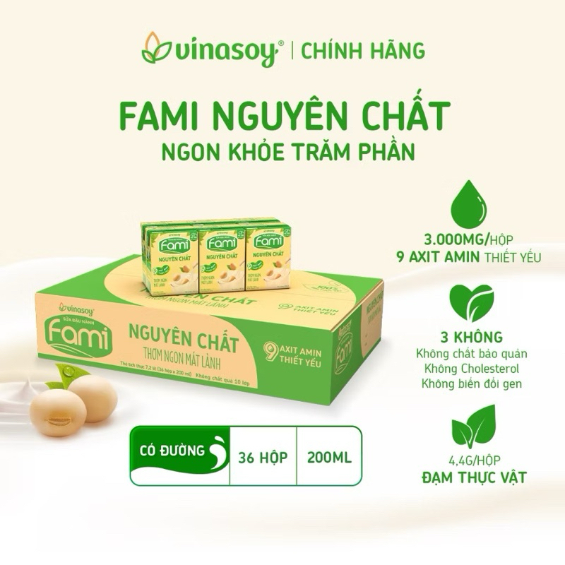 Sữa đậu nành Fami Nguyên chất có đường/ Thùng sữa (36 hộp x 200ml). Shop có cả sữa fami canxi