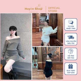 Váy Đầm Len Trễ Vai Phối Nút Tay Dài Dáng Ôm Body Cho Nữ.Freesize Dưới 55kg.Hàng QC.Huyền Thanh Shop