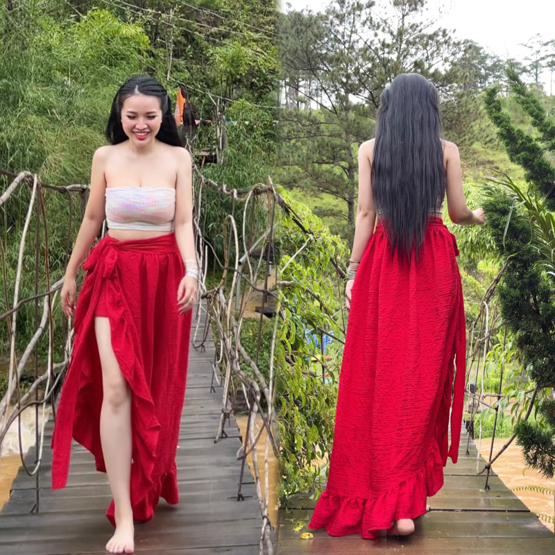 Chân váy đũi xẻ đùi phong cách boho vintage