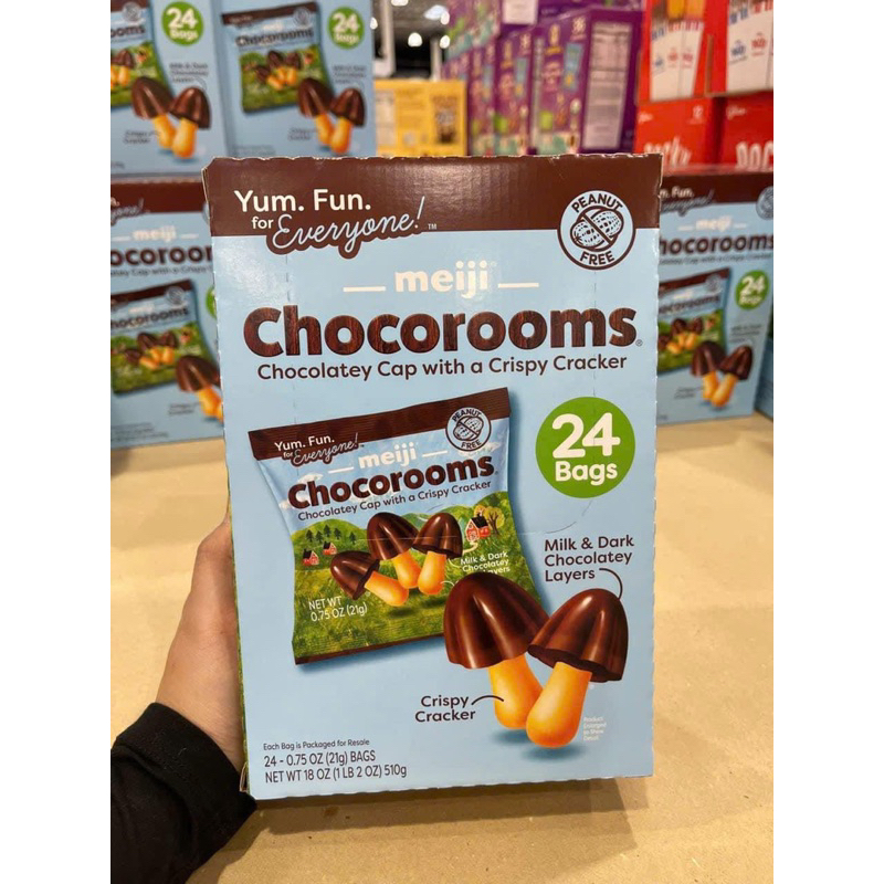 [08/2026] 🍫🍄 BÁNH QUY SOCOLA HÌNH NẤM CỦA MỸ MEIJI CHOCOROOMS MILK & DARK CHOCOLATE HỘP 24 GÓI x 21G