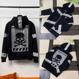 Áo Khoác Hoodie Zip Nam Philipp Plein Phối Khoá Vàng. Áo Hoodie Philipp Plein Đính Đá Phối Đầu Lâu Sau Lưng