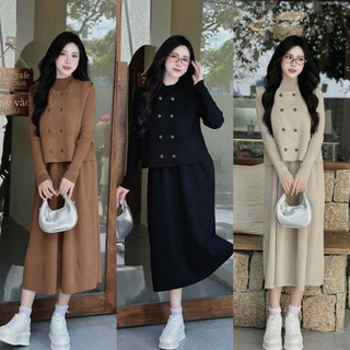  Set len áo gile 8 cúc hothit kèm váy len cổ 3p tay dài #258 hàng QC freesize Bầu bí bon chen thoải mái 