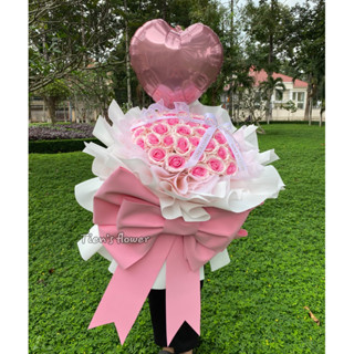  Bó hoa sáp 50 bông 7 lớp bông to mẫu nơ xinh kèm bóng tim nhà Tien’s flower  tặng kèm bóng tim và đèn led  