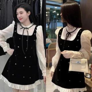  V379 Váy nhung phối viền cao cấp tay tơ TK đính đá phối nơ tiểu thư thanh lịch STH 8881 