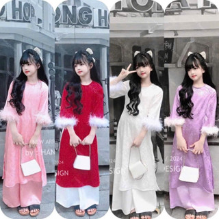  AD10 Sét Áo Dài Cổ Tròn Gấm Lụa Tay Lông Hot Hit 2025 Cho Bé Gái Vani Kids 