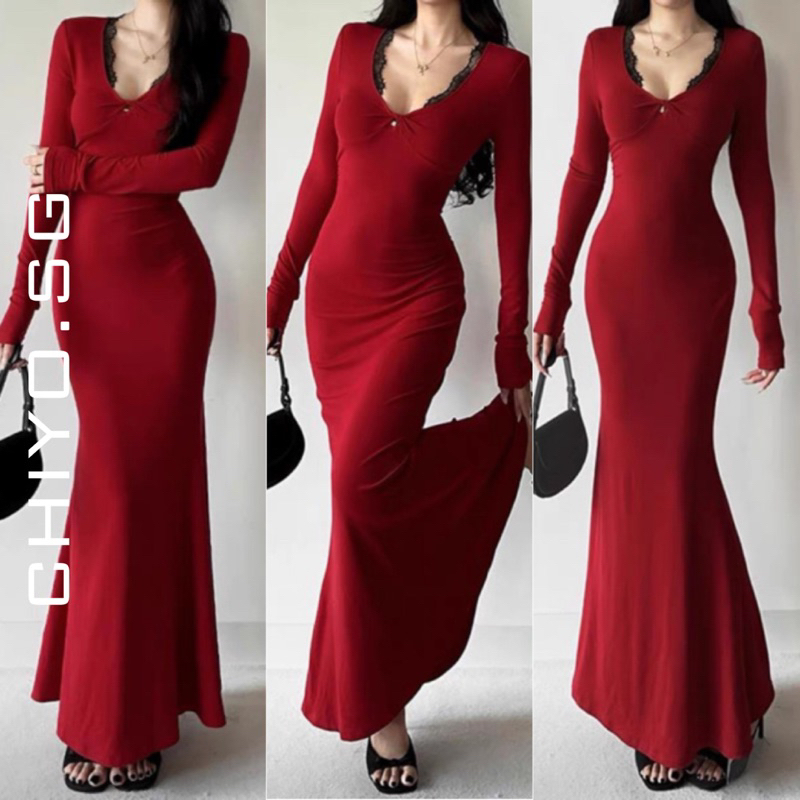 [XẢ TẾT] Đầm kiểu ôm body đuôi cá phối ren xoắn ngực CHIYO.SG sang chảnh đi tiệc D396