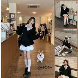 [HOTTTT]Set Đồ Nữ Phong Cách Học Đường - Áo Len Nữ Cổ Chữ V Màu Đen Sơ Mi Chân Váy Ren Linh Đan Shop