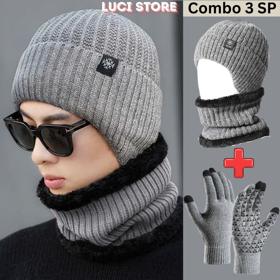 Bộ 3 mũ len len nam nữ trùm đầu mùa đông kèm khăn quàng cổ găng tay lót nỉ giữ ấm chống lạnh LUCI