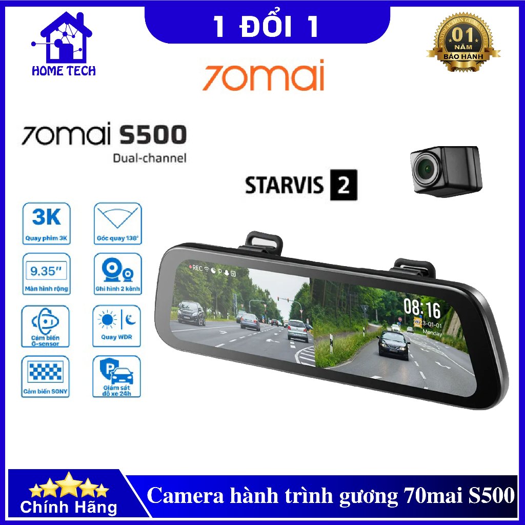 Camera hành trình gương 70mai S500 tích hợp cam lùi, màn hình cảm ứng 9.35inch, 3K HDR góc quay rộng