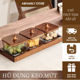 Hũ Thuỷ Tĩnh Đựng Mứt, Bánh Kẹo Bộ 3 Hũ Để Bàn Phòng khách Sang Trọng| Hộp Thuỷ Tinh Nắp Gỗ Để Bàn Tiếp Khách