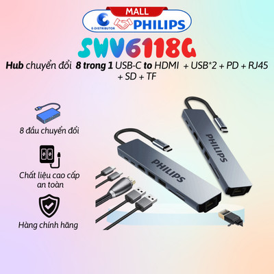 [HỎA TỐC] Hub Philips SWV6118G 8in1 USB-C to HDMI+USB*2+PD+RJ45+SD+TF - Hàng chính hãng