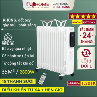 Máy sưởi dầu Nhập Khẩu 15 thanh không khô da FUJIHOME, lò sưởi phòng điều chỉnh nhiệt độ ko đốt oxy