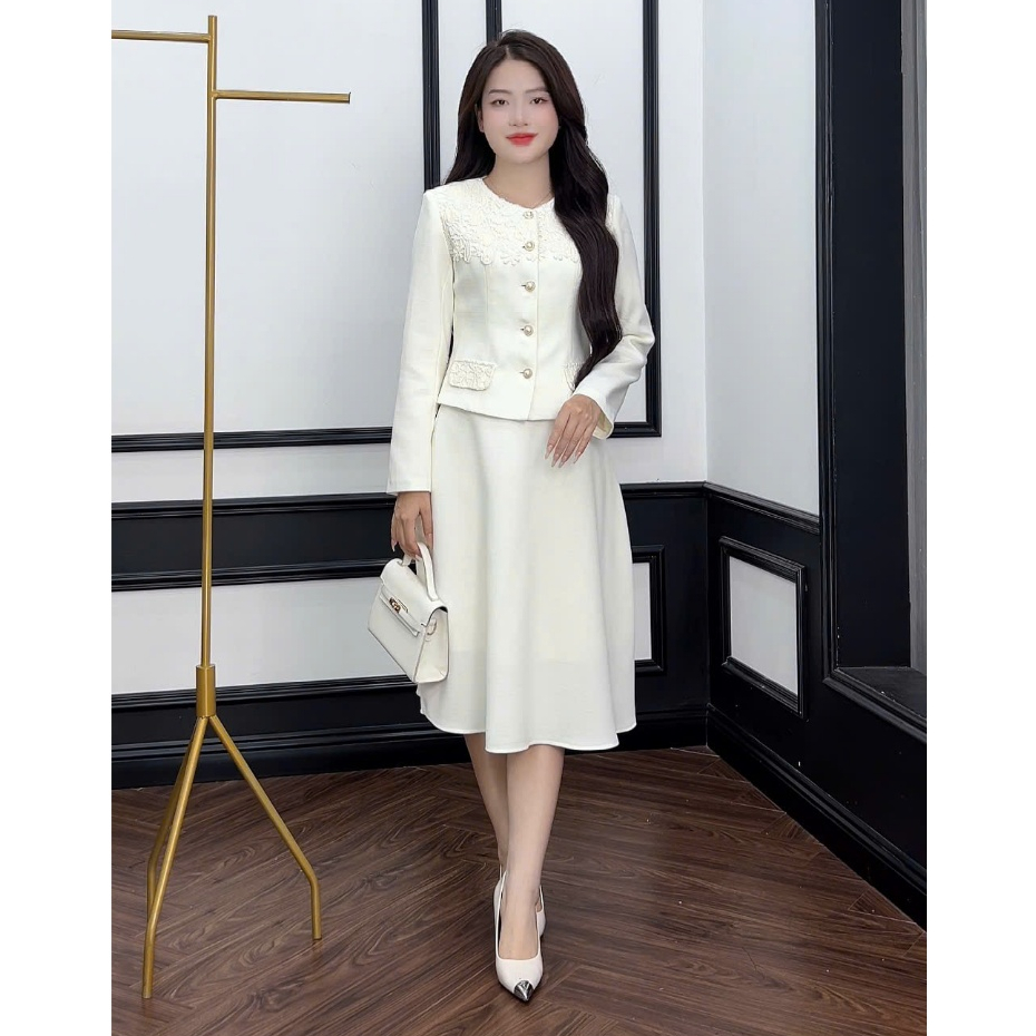 Set bộ nữ công sở thiết kế phối ren chất dạ hàn cao cấp, Set váy dự tiệc sang trọng Emvy Fashion S90