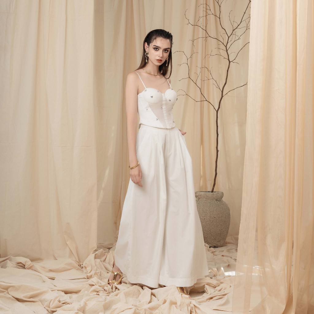 LENCIS - Set quần dài | Áo corset 2 dây đính đá thủ công phối cùng quần dài ống suôn form rộng