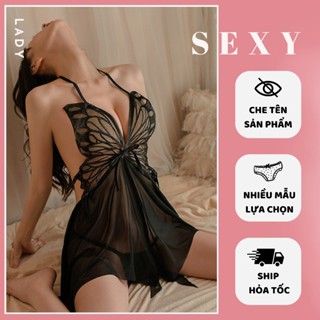 Váy ngủ nữ sexy cánh bướm gợi cảm DN44, Đầm ngủ nữ ren 2 dây đen trắng đỏ hở lưng quyến rũ Lady Sexy
