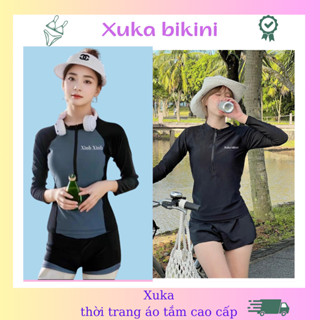 Đồ bơi nữ kín đáo, đồ bơi 2 mảnh tay dài khóa kéo đồ đi biển quần đùi 2 lớp che nắng thể thao Xuka 79