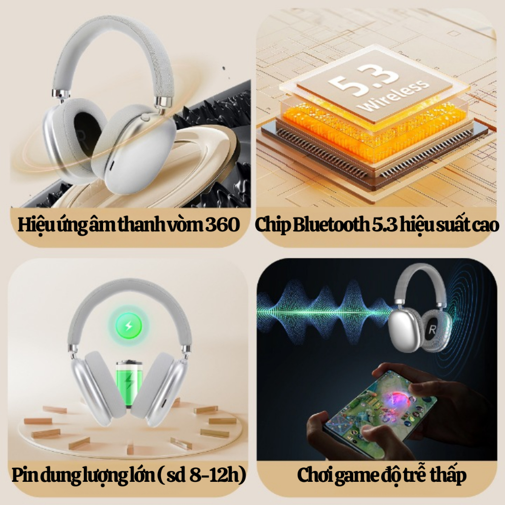 Tai Nghe Chụp Tai Bluetooth P959 Chống Ồn Thể Thao Pin 10-15h Nghe Nhạc Kết Nối 10m | BigBuy360 - bigbuy360.vn