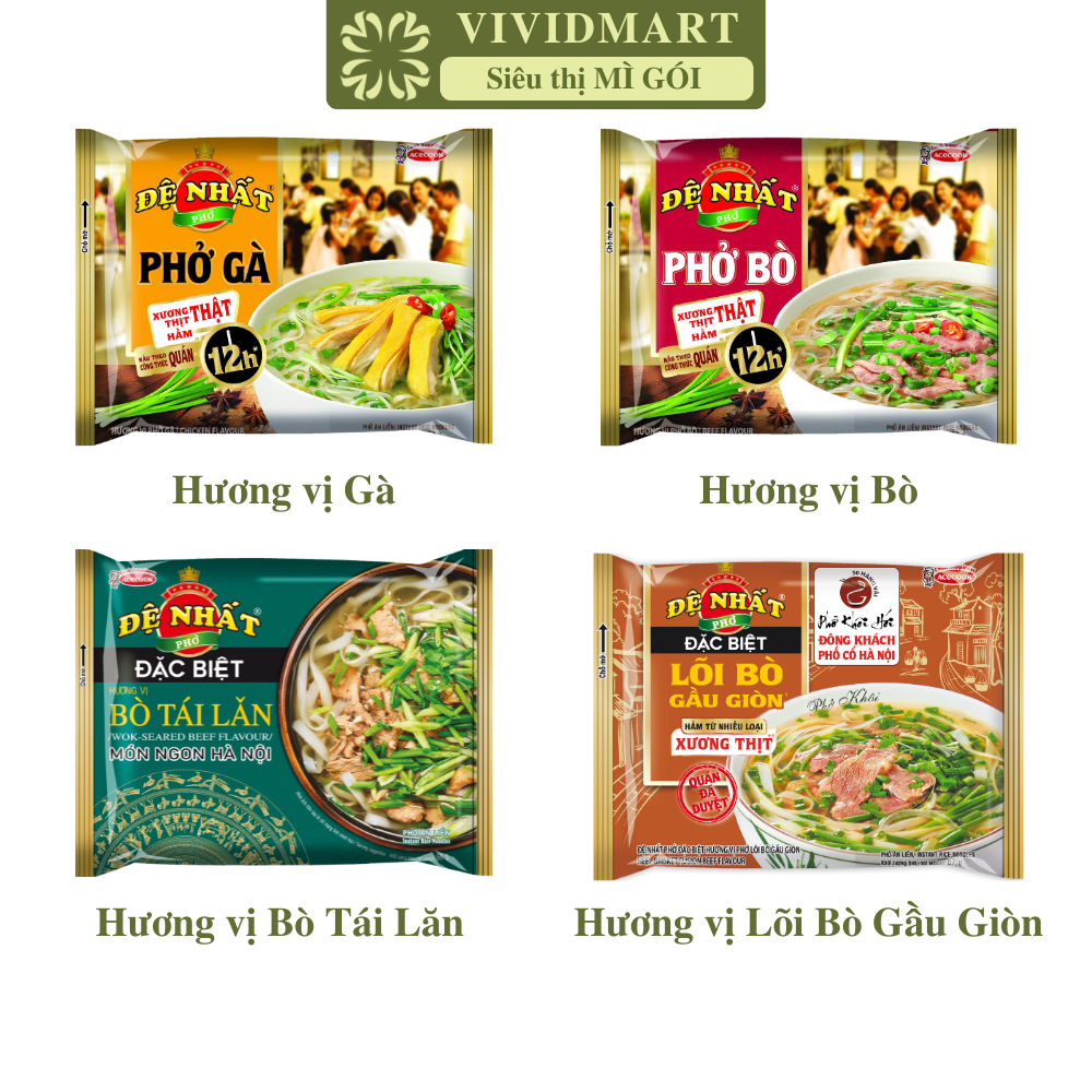 [GÓI LẺ] - ACECOOK - Phở Đệ Nhất 4 vị: bò, gà, bò tái lăn, lõi bò gầu giòn (không thịt), Đệ Nhất Phở