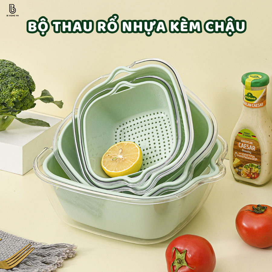Bộ Thau Rổ Nhựa Kèm Chậu Cao Cấp, Rổ Nhựa Đựng Rau Củ Quả 2 Lớp Thiết Kế Thoát Nước Siêu Tiện Lợi